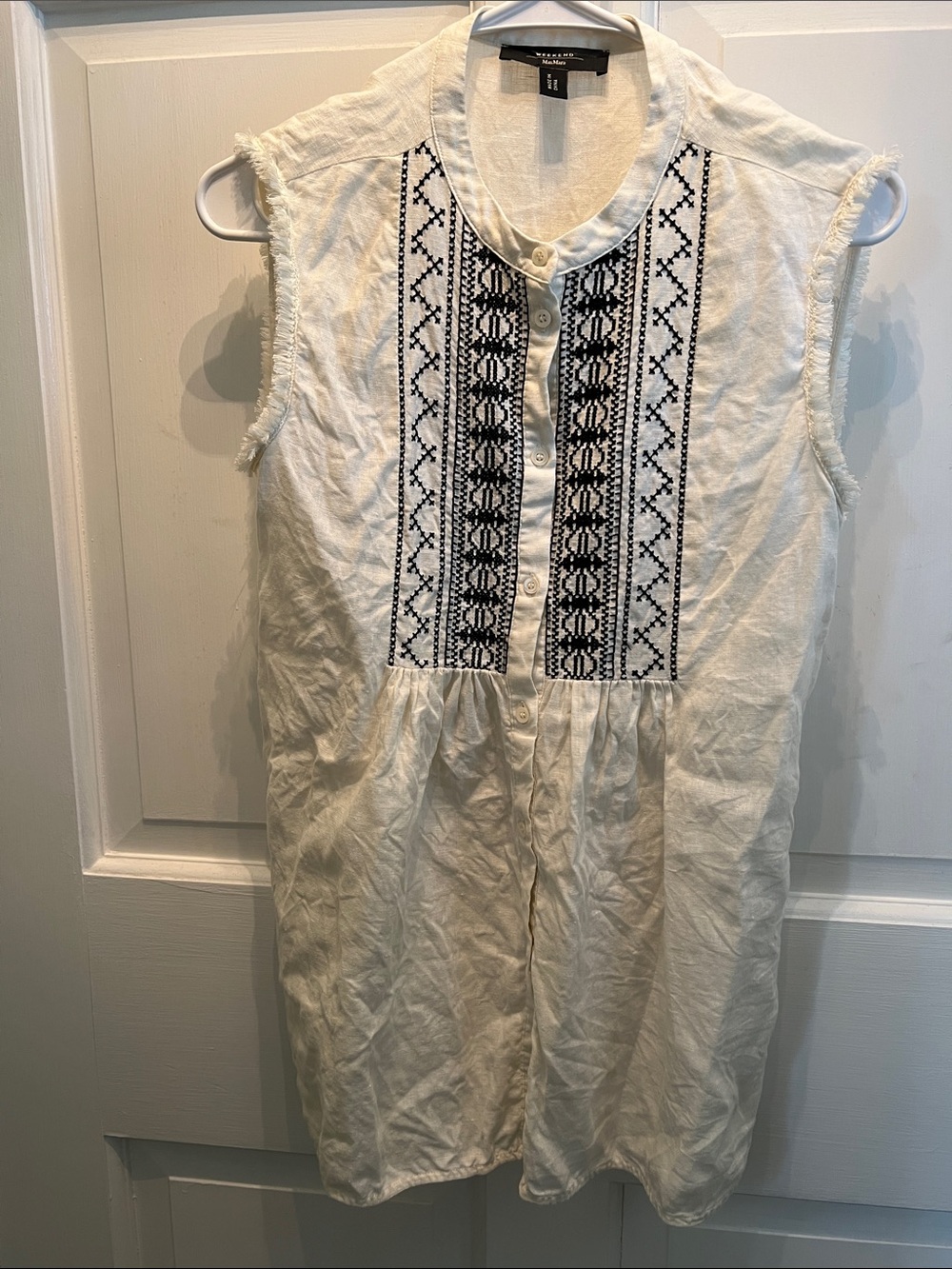 Weekend Max Mara Cream Sleeveless Tunic with Black Embroidered Front. SALE PRICE